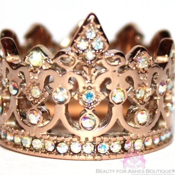 Stainless Steel Royalty Aurora Borealis AB Rose Gold Crystal Crown of Life Ring - Picture 1 of 3